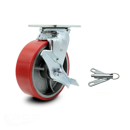 Service Caster 6 Inch Red Poly on Cast Iron Caster with Roller Bearing and Brake/Swivel Lock SCC-30CS620-PUR-RS-TLB-BSL